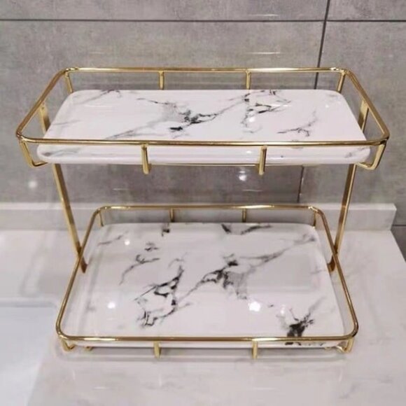 Storage Organizer Stainless Steel Gold Shelf White Marble Ceramic Tray (L-Gold)